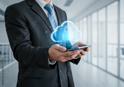 Wallpaper Mural Businessman in a suit using a smartphone with a cloud security concept. Torontodigital.ca