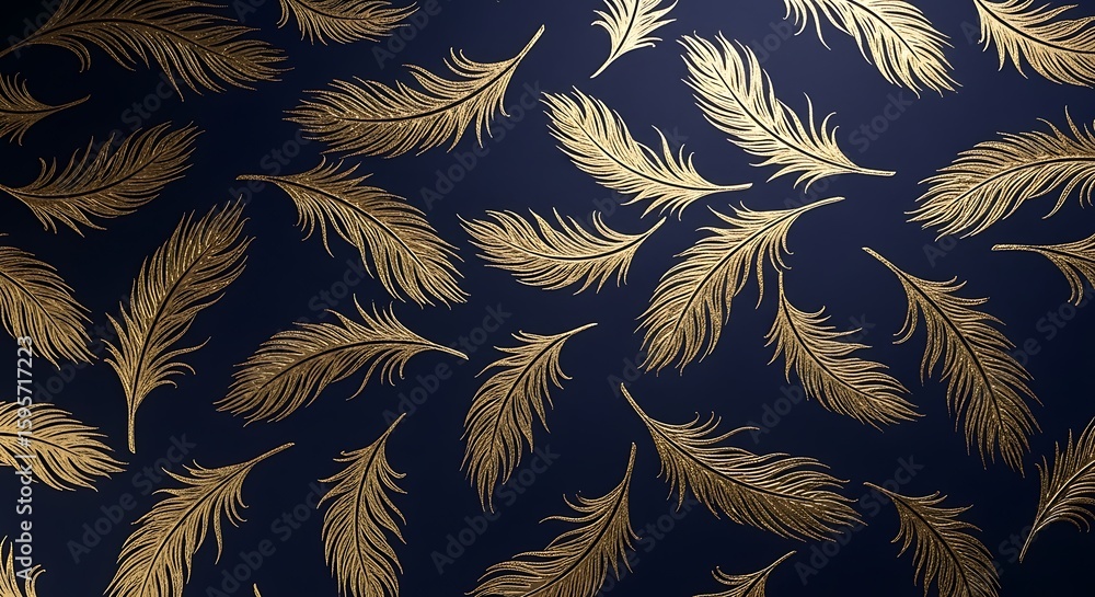 Fototapeta Elegant golden feathers on a dark blue backdrop create a luxurious pattern illustration