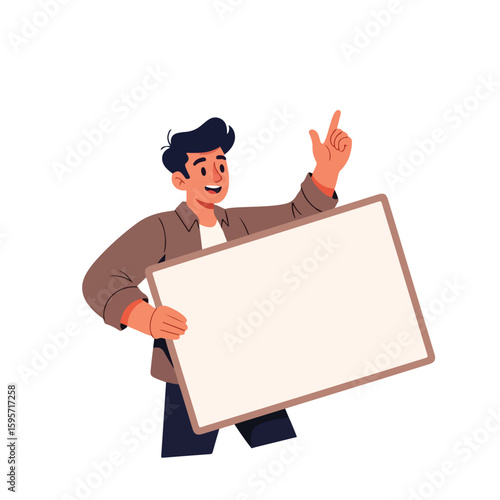 Vector of a young man holding or showing a white blank chalkboard or banner poster. Flat vector illustration isolated on a white background. Suitable for modern web design, posters, or UI illustration