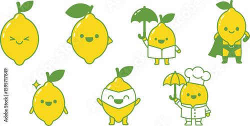 A collection of cartoon lemons in various poses, some with faces, wearing costumes, and holding an umbrella.