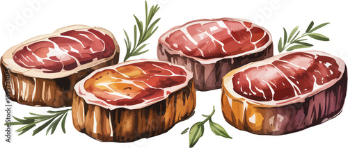 Watercolor illustration of fresh beef steaks with rosemary for gourmet food and culinary art
