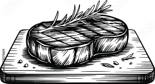 Grilled beef steak with rosemary drawing on wooden board vector illustration design concept art 100