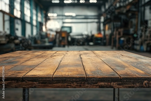 Wallpaper Mural A rustic wooden table sits in an industrial workshop, showcasing grain texture and craftsmanship. The blurred background highlights the workshop's tools and equipment, creating an inviting ambiance. Torontodigital.ca