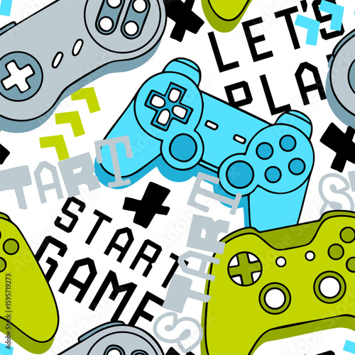 Seamless abstract pattern with joysticks game and words. Bright neon colorful vector Print for boys.