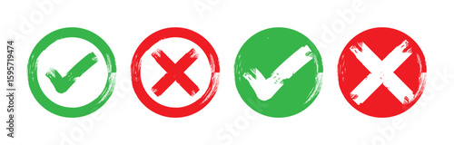 Set of tick and cross brush icon collection. Grunge brush stroke checkboxes with tick and cross symbols. Hand drawn checklist symbols. Green check mark and red cross mark vector icons. EPS 10.
