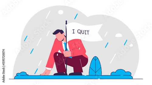 An illustration of a disheartened person in business attire holding an "I QUIT" flag under falling rain, symbolizing resignation, defeat, or giving up on a venture.