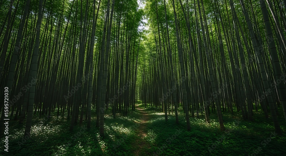 Lush bamboo forest pathway invites serene exploration and natural tranquility Lush bamboo forest pathway invites serene exploration and natural tranquility