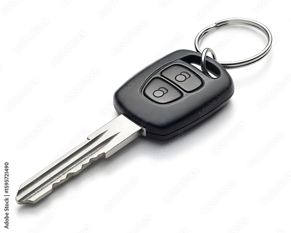 A close up shot of a car key with a key ring on a white background showing the details of the key A close up shot of a car key with a key ring on a white background showing the details of the key