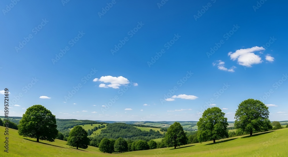 Obraz premium A scenic view of rolling green hills and lush trees under a bright blue sky with fluffy white clouds.
