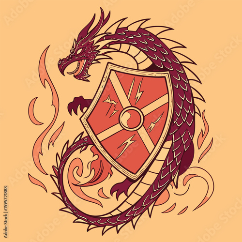 Dragon Shield Illustration with Red and Gold Colors
