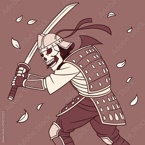 Fierce skeleton samurai warrior in ancient armor holding katana vector