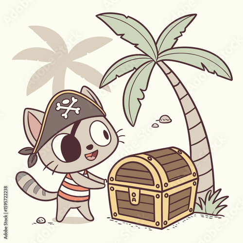 Cute grey cat pirate with eyepatch and treasure chest near palm tree vector