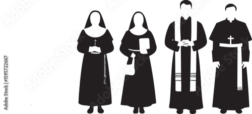 Four religious figures in traditional black attire two women in habits and two men as priests