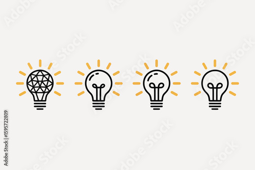 Four light bulbs in a row with one bulb having a different design and yellow rays emanating from them