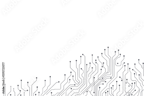 A minimalist illustration of a circuit board pattern on a white background with black lines and dots