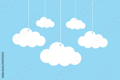 Illustration of five white cartoon clouds hanging from strings against a light blue background design element