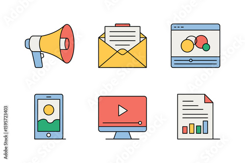 Illustration of marketing icons including megaphone email browser mobile video and data on white