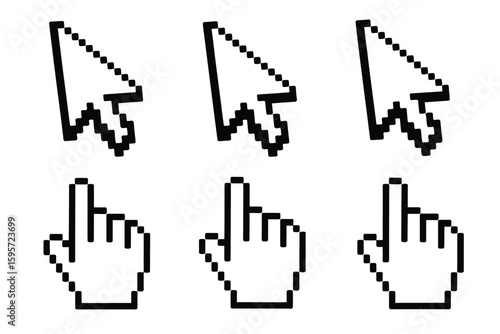 A set of six pixelated cursors, three arrow cursors and three hand cursors, arranged on a white background
