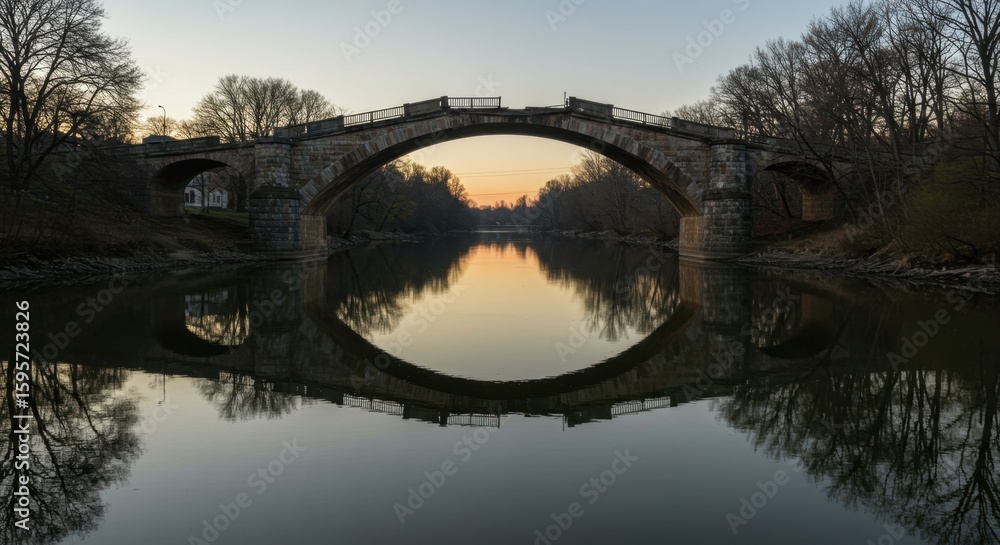 Fototapeta premium Stunning Reflection of an Elegant Stone Bridge at Dawn Surrounded by Trees and Calm Waters