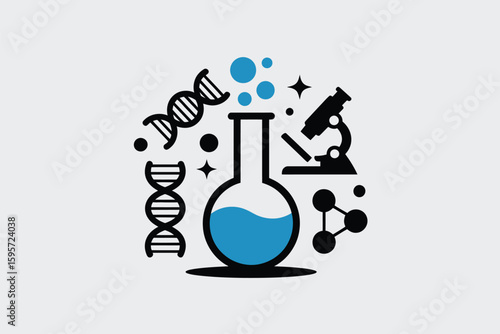 A science themed illustration with a flask, dna strands, microscope, and molecule structure