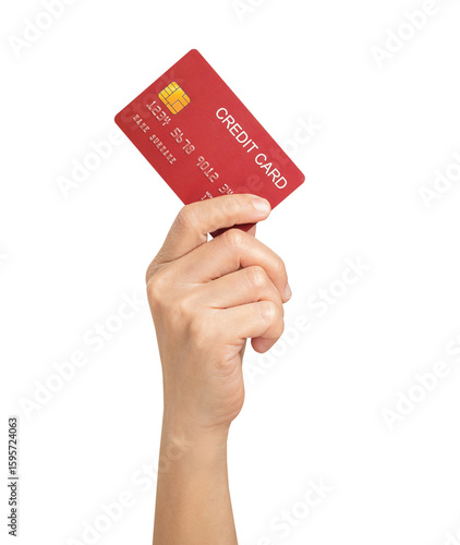 Hand holding credit card on isolated background.