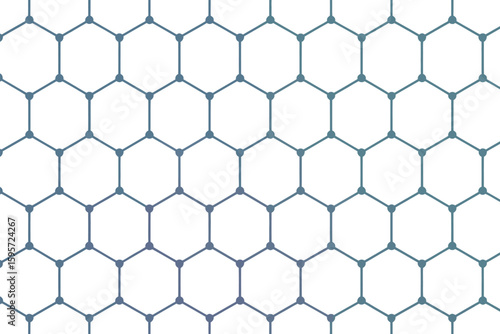 A repeating pattern of interconnected hexagons with small circles at each vertex on a white background