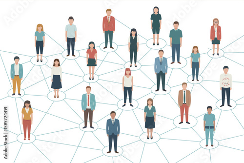Illustration of a network of people connected by lines on a white background showing communication