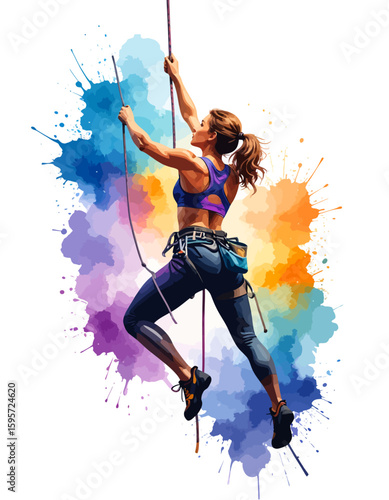 A woman in athletic wear ascends a rope, depicted against a vibrant, colorful watercolor splash background.