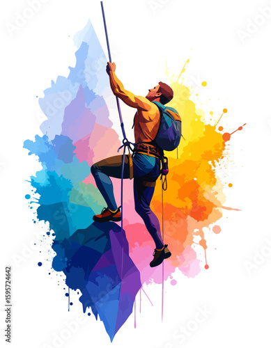 An illustration of a climber ascending a rock face, with colorful abstract background.