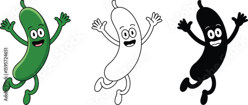 Cartoon pickle character happy pickle illustration green pickle black pickle outline pickle vector art