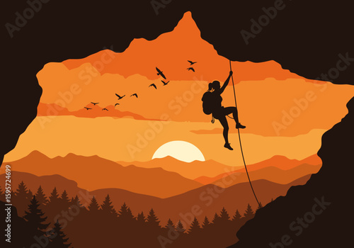 Silhouette of a female climber rappelling from a cave at sunset, overlooking a mountainous landscape.