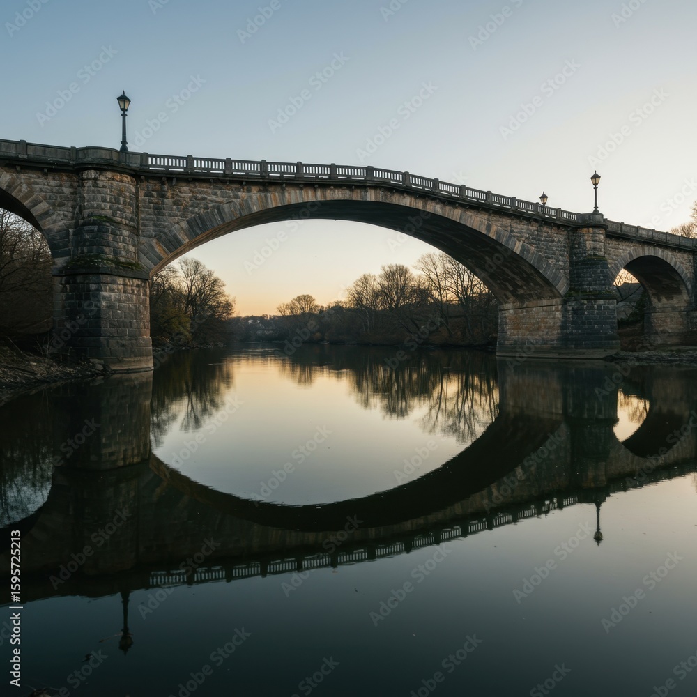 Fototapeta premium Stunning Architectural Reflection of a Historic Bridge Transcending a Peaceful River in Early Morning Light