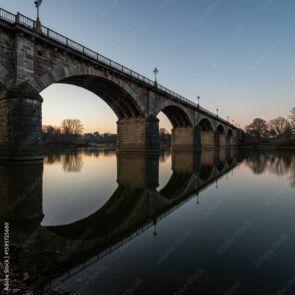 Fototapeta premium Stunning Evening Reflection of a Majestic Stone Arch Bridge Over a Serene River at Dusk