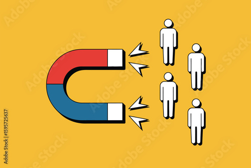 A cartoon illustration of a magnet attracting stick figures on a yellow background in a simple style