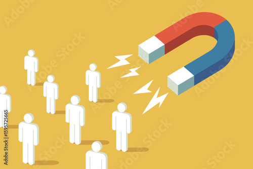 A magnet attracting white stick figure people on a yellow background with lightning bolts graphic effect