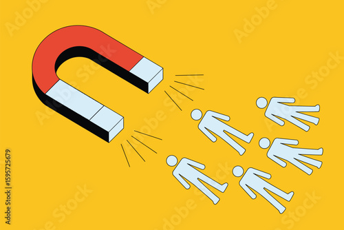 A red horseshoe magnet attracting white outlined stick figures on a solid yellow colored background view