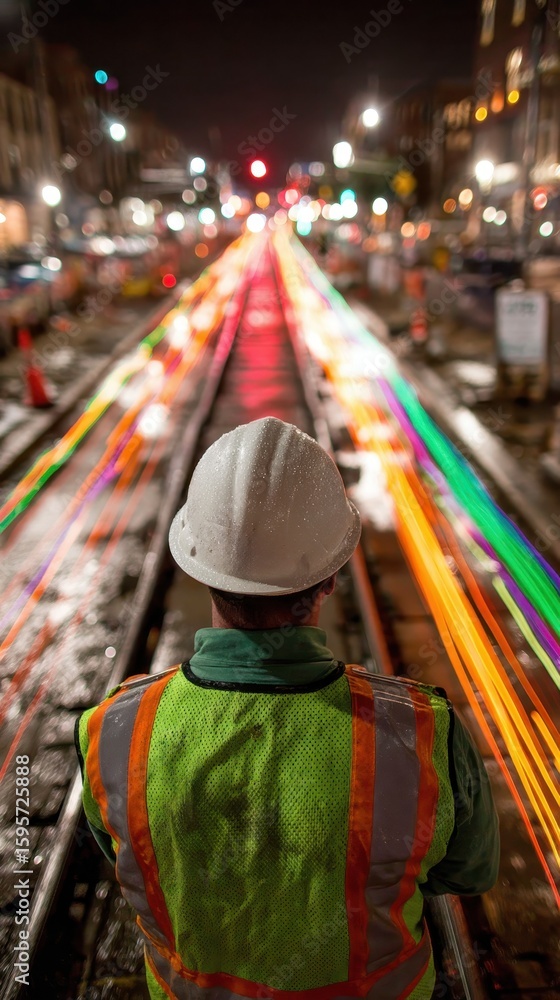 Obraz premium Night Shift on the Rails, A worker in a hard hat watches vibrant light trails illuminate city tracks.