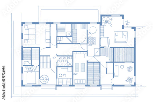 Blueprint style illustration of a house floorplan with furniture and architectural details shown