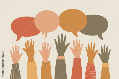 A group of diverse hands raised with speech bubbles above them indicating communication and participation