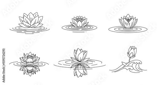 Tranquil Lily Pads: Delicate line art captures the essence of water lilies gracefully floating atop serene water, evoking a sense of peace and natural beauty. 