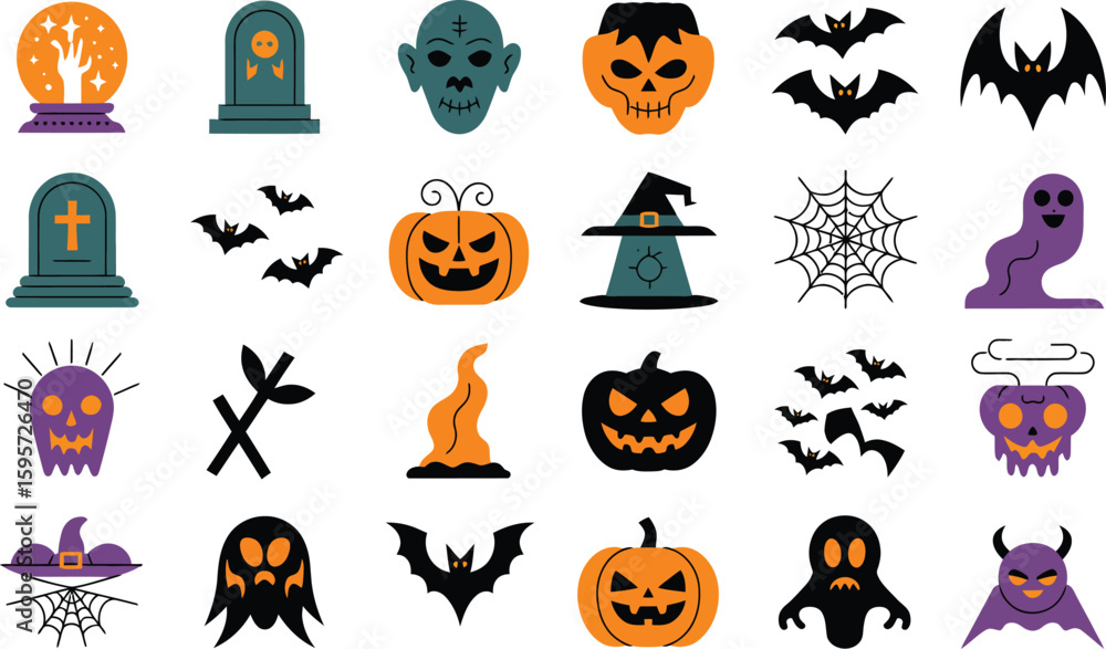 Fototapeta premium Collection of halloween icons with pumpkins ghosts bats and gravestones