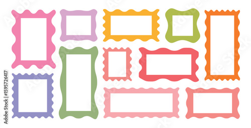 Zigzag wavy frame borders. Color rectangle frames with wiggly borders. Cloudy wave curve edge frame vector set colorful wavy edge frames. vector illustration. 