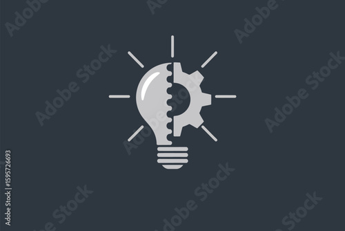 A lightbulb with a gear on the right side and rays coming out from the bulb on a dark gray background