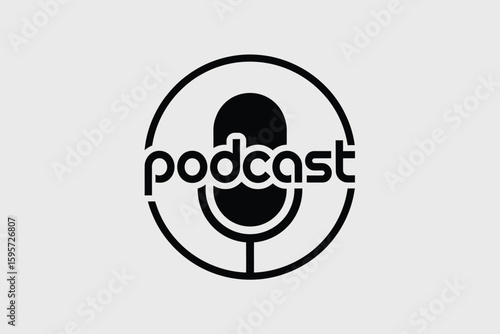 A black and white podcast logo featuring a microphone inside of a circle with the word podcast