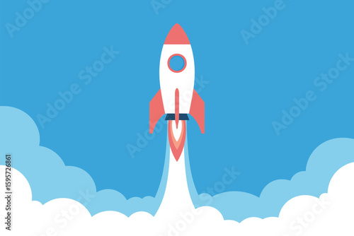 A cartoon rocket ship launching into a blue sky with white clouds in a flat vector illustration
