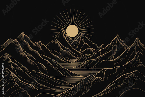 A golden sun shines over a mountain range with a river running through it on a black background design