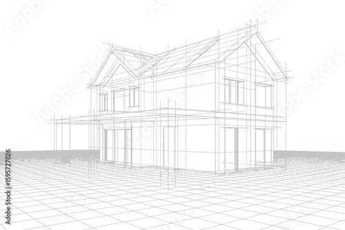 A detailed architectural wireframe drawing of a two story house with a gabled roof and grid floor plan