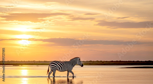 Zebra walking through shallow water at golden sunset with dramatic sky and perfect reflection in African savanna