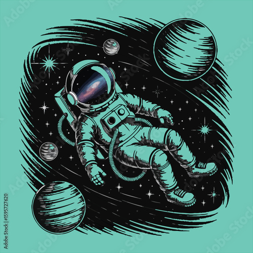 Astronaut floating in space with planets and stars vector