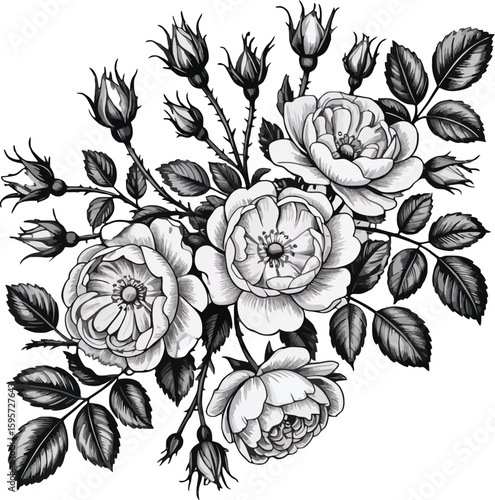 Delicate grey roses and buds with detailed leaves stems thorns